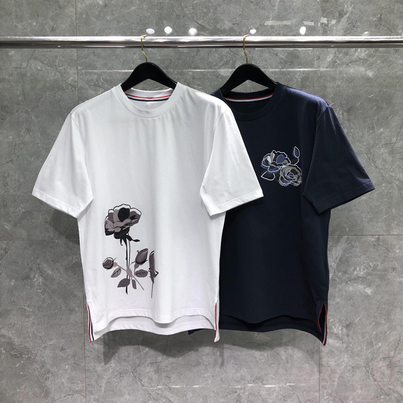TB短袖T恤男女夏季新款玫瑰花印花欧美纯棉圆领情侣款打底衫潮牌