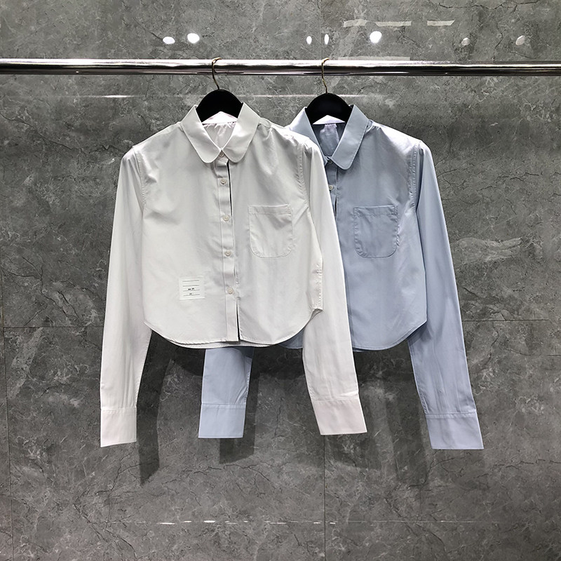 TB衬衫女短款露肚脐长袖衬衫红白蓝白衬衣高腰学院风JK上衣女潮牌