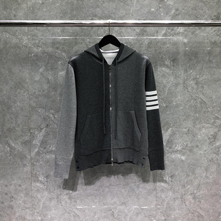 TB深灰拼色针织开衫外套男女cleanfit美式慵懒高级感连帽拉链毛衣