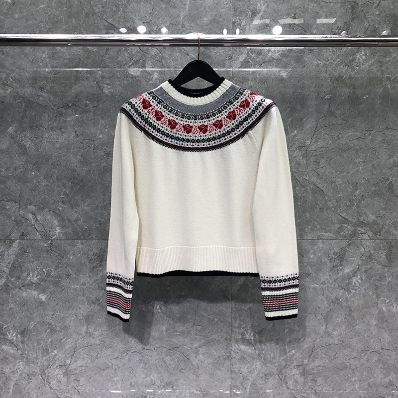 TB针织女士上衣复古费尔岛式嵌花套头氛围感编织提花撞色圆领毛衣
