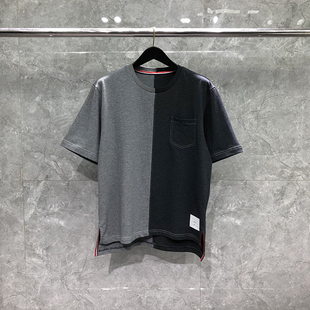 TB短袖T恤明线左右拼色男女情侣款欧美潮牌圆领时尚半袖上衣外穿