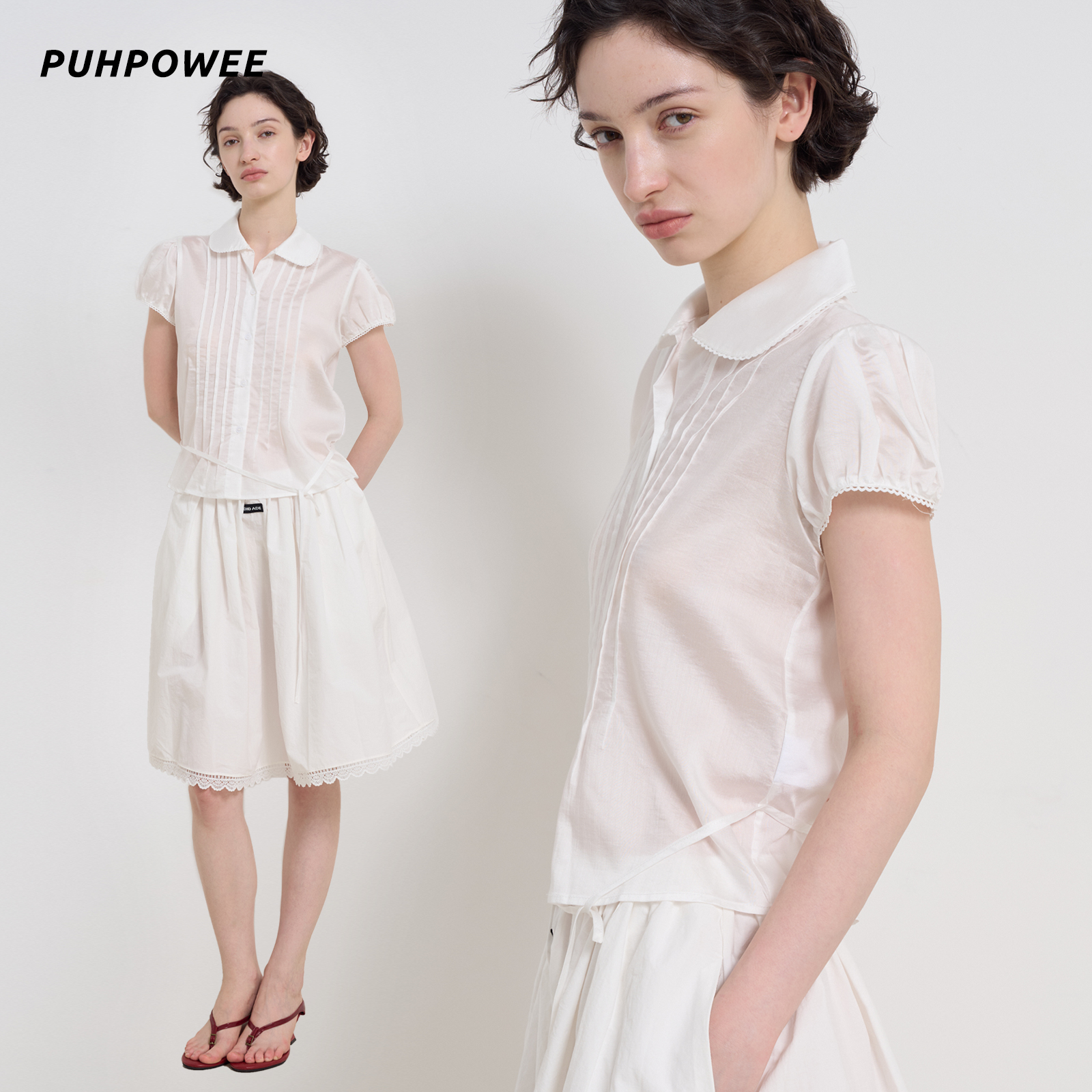 法式复古彼得领花边系带泡泡衬衫