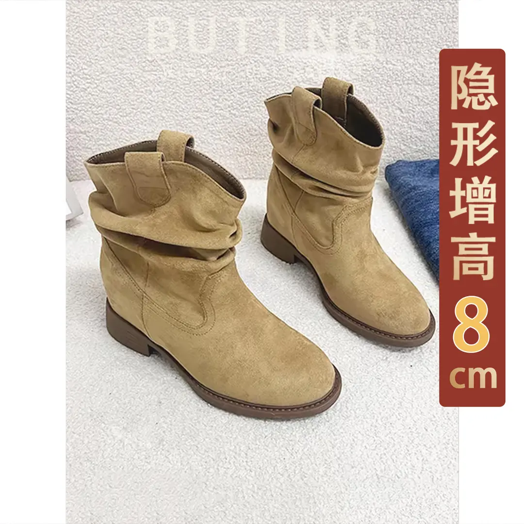 抖鞋鞋隐形增高8cm美拉德马丁靴女秋款中筒堆堆褶皱复古低筒女靴