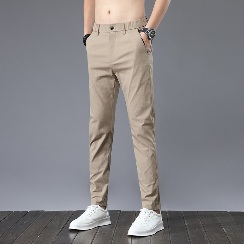 潮牌高端冰丝速干休闲裤男直筒春夏季薄款韩版修身小脚百搭长裤子