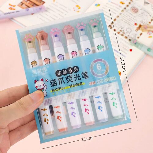 6 Pieces Set Kawaii Cat Paw Highlighter 6 Colors Slanted Tip