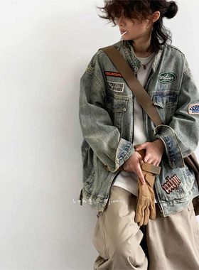 美式高街水洗做旧牛仔外套男女春秋季宽松机车服vintage刺绣夹克