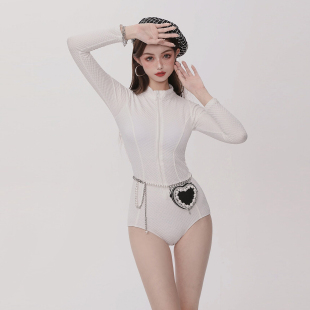 假面猫 泳衣女连体遮肚显瘦网红温泉度假冲浪潜水服 白色高级长袖
