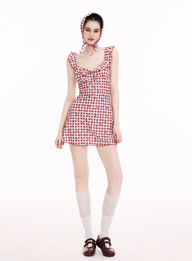 假面猫 复古红色格子泳衣女款泡温泉连体保守裙式绝美度假游泳衣