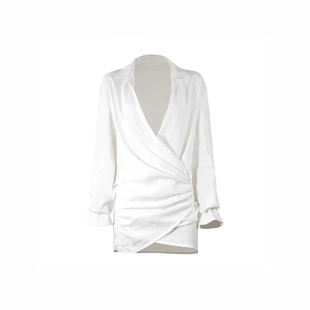 防晒泳衣外罩衫 白色衬衫 度假沙滩裙欧美性感V领长袖 2026新款 罩衫