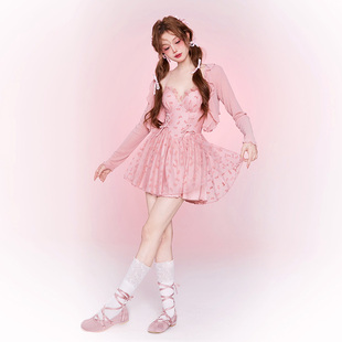 遮肉学生温泉度假 连体保守裙式 假面猫 粉色蝴蝶结泳衣女2026新款