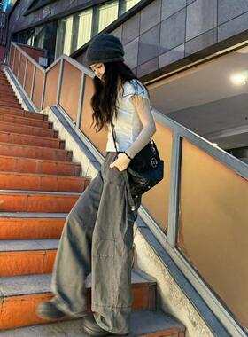 4video自制 四季百搭美式灰色宽松工装大口袋辣妹做旧牛仔拖地裤