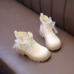 2025秋季新款儿童复古珍珠马丁靴女孩时尚百搭休闲短筒靴女童皮靴
