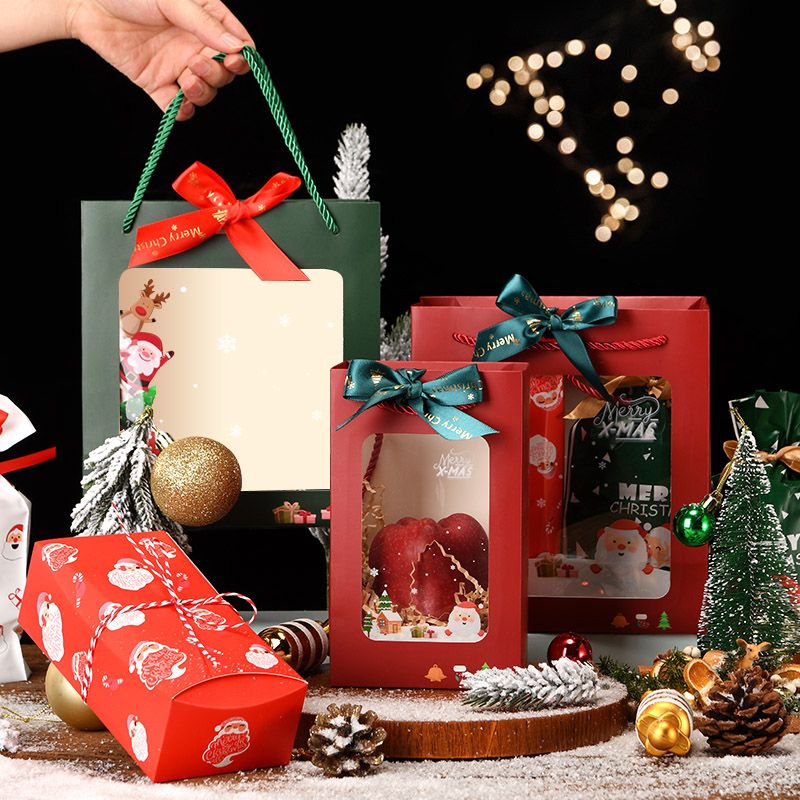 圣诞节礼品包装手提盒糖果饼干苹果小礼物透明开窗高档手提纸袋子