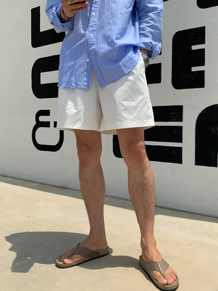 SSUMENAM WHITE SHORTS MENS SUMMER CASUAL WASHED COTTON PANTS TRENDY VERSATILE STRAIGHT CROPPED PANTS BEACH