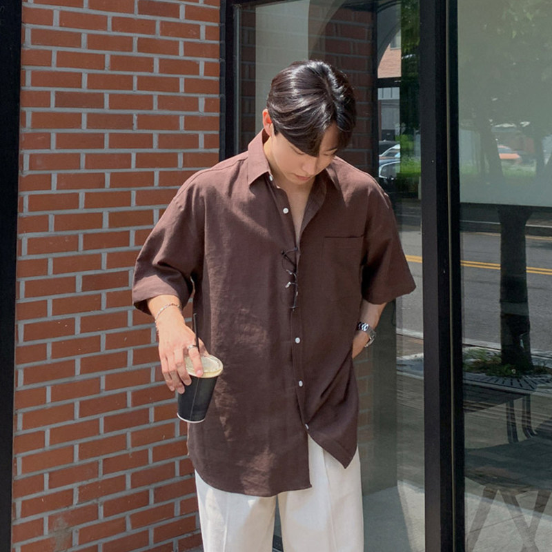 thumbnail for Ssumenam Thin Cotton and Linen Coffee-Colored Short-Sleeved Shirt, Summer Retro Old Money Style High-End Shirt