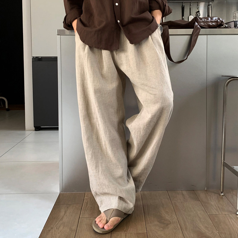 thumbnail for Ssumenam「Old Money Style Draping」Linen Lazy Floor-Length Pants Spring Loose Straight Casual Trousers Long Pants