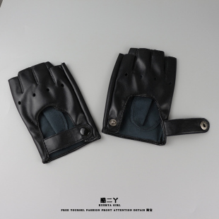 潮酷黑色露指皮手套赛博朋克机车哥特Lolita漫展cos舞蹈表演手袖