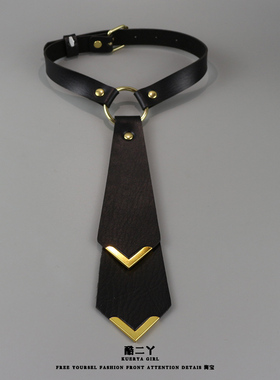 2025新款黑色皮质领带免打朋克风辣妹小众设计dk领结配饰假领项圈