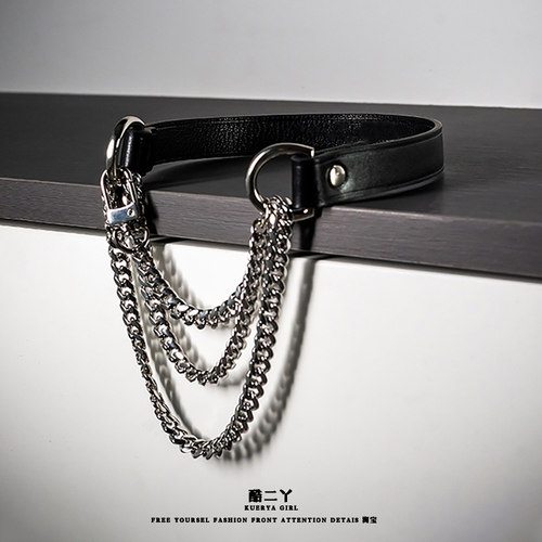 酷二丫窒息项圈皮质项链小众choker牵引绳颈带朋克情侣脖环男女潮