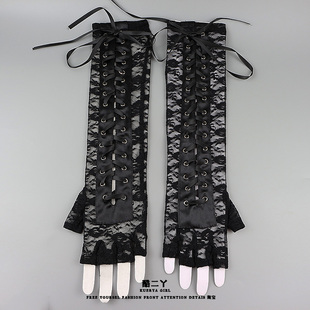 黑色性感蕾丝绑带长手套朋克辣妹手袖女cos哥特洛丽塔露指袖套酷