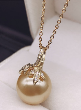 12-14mm大颗正圆黑珍珠吊坠18k金海水珍珠项链女饰品送银链送妈妈