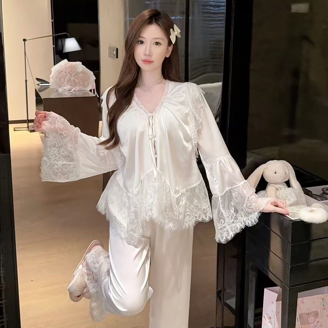 宫廷法式风蕾丝睡衣女长袖长裤喇叭袖冰丝仙女春季绸缎家居服套装