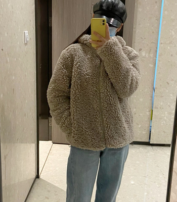 alright 秋冬宽松阔型大朵摇粒绒仿羊羔毛中长款连帽外套