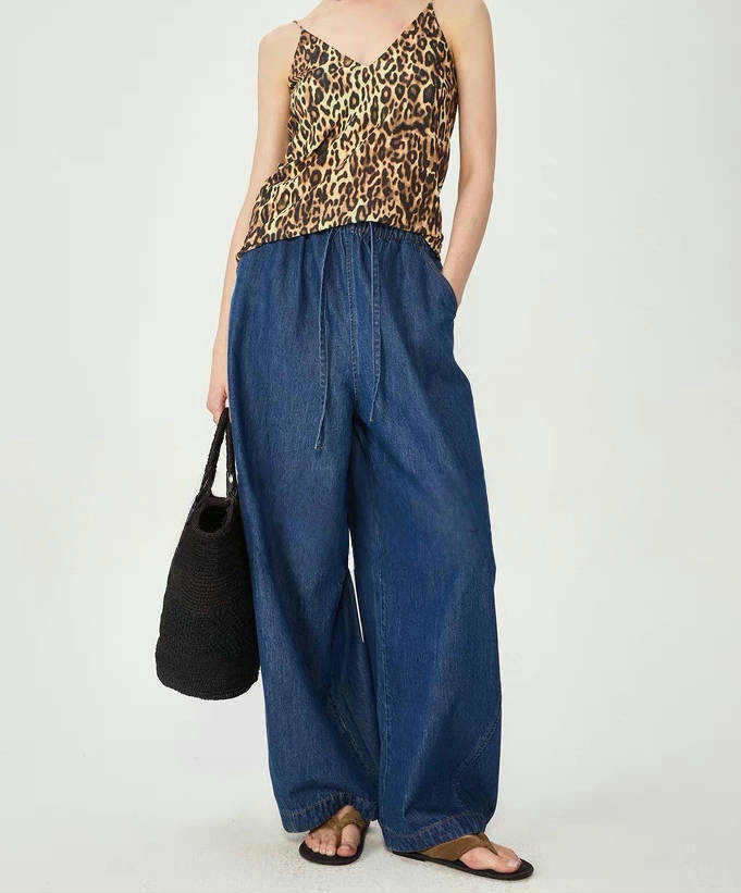 开间/福利回馈 轻解构分割抽绳松紧腰9分弧形全棉宽松企鹅牛仔裤