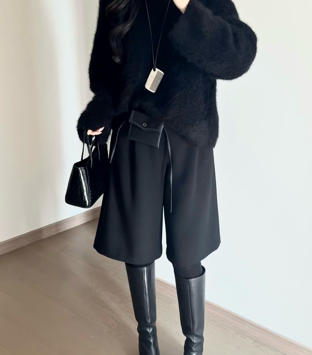 UNI/时髦造型_多用可拆卸皮边小腰包利落挺括羊毛西装短裤