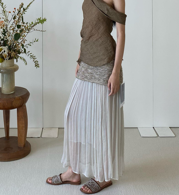 Cello 25春夏新款 度假风针织拼接轻纱半裙白色复古半身裙