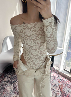 KIKI 白色蕾丝长袖上衣女一字肩法式浪漫绝美ins巨好看的内搭