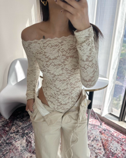 KIKI 白色蕾丝长袖上衣女一字肩法式浪漫绝美ins巨好看的内搭