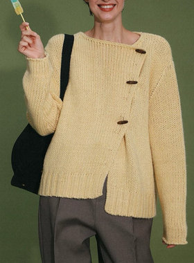 ROO MA 老钱风奶黄色斜门襟重磅毛衣开衫