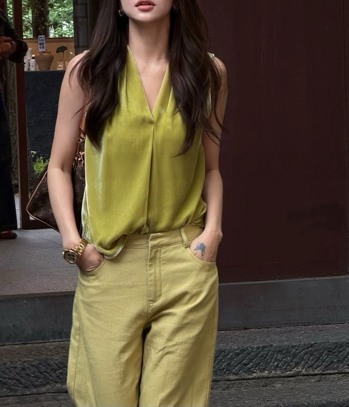 LiHuiEr李慧儿 柏林夏尽 真丝背心丝绒V领马甲坎肩上衣女外穿