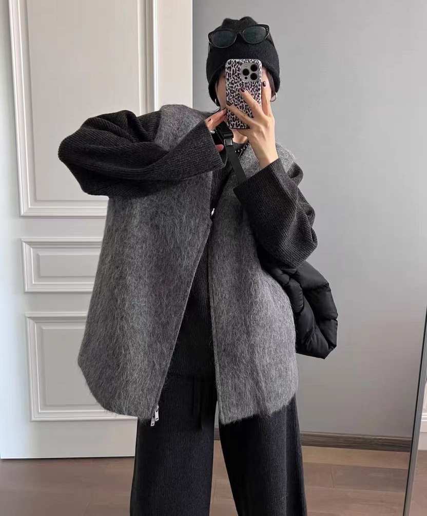 jaja秘鲁进口羊驼毛拉毛简约廓形百搭V领开衫马甲外套