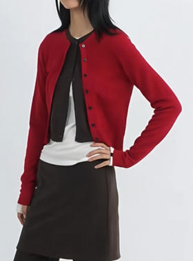 RARELY 高品质布料100还原 假两件撞色纽扣针织开衫 红色/巧克力
