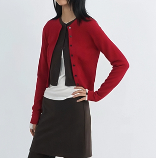 RARELY 高品质布料100还原 假两件撞色纽扣针织开衫 红色/巧克力