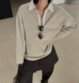 sage 莫奈色调椰奶杏毛巾肌理加绒假两件翻领卫衣女