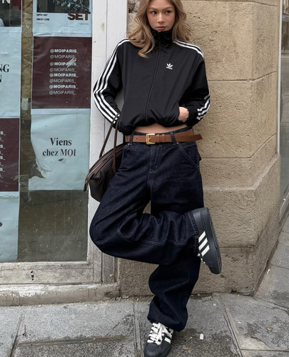 博主发财宅女NANA同款牛仔长裤CDOU复古调节袢合身中腰牛仔裤