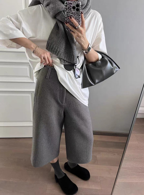 jaja 原版布料 绵羊毛空气层肌理双面毛呢复古分割直筒7分裤