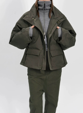 Rarely  面料还原A型立领多口袋短款收腰防风棉服 黑色/深卡其绿