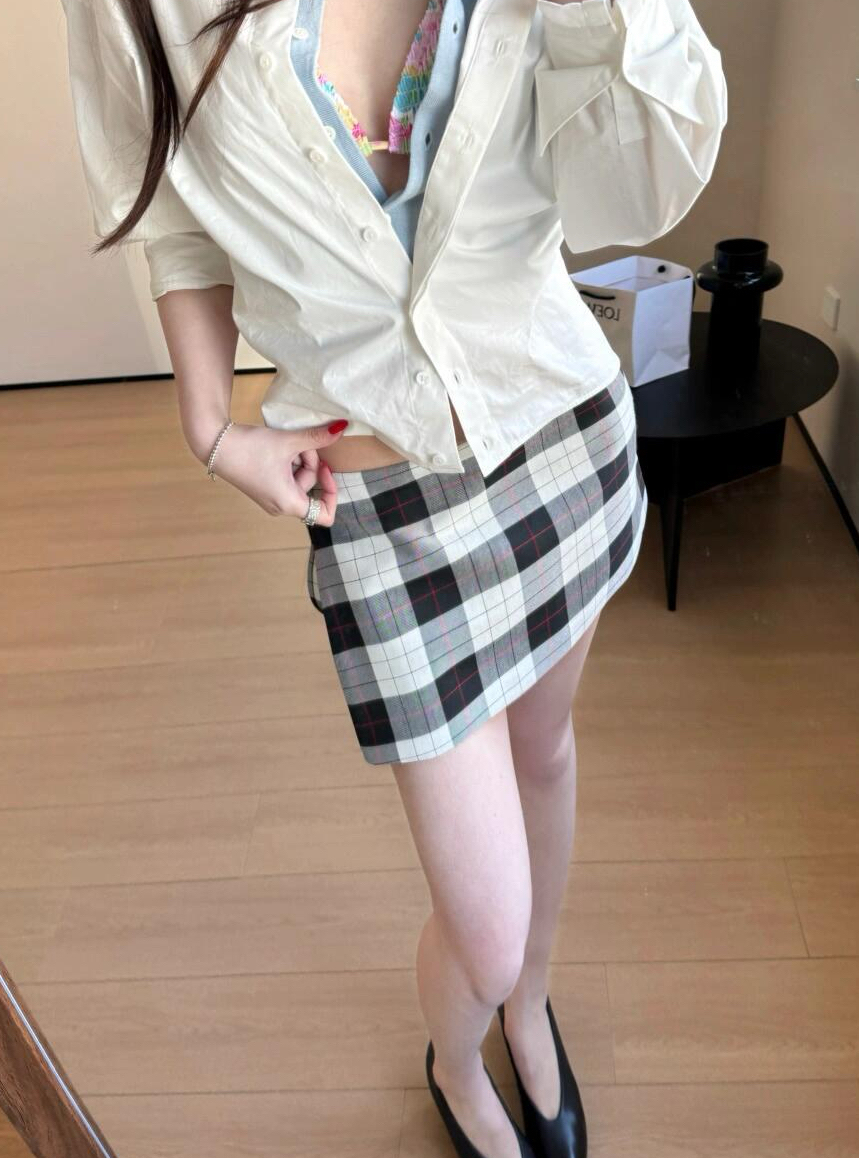 RARELY 侧拉链两穿mini裙裤 杏底波点/黑白格子