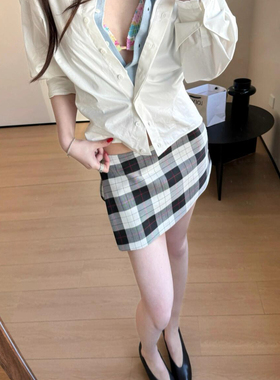 RARELY 侧拉链两穿mini裙裤 杏底波点/黑白格子