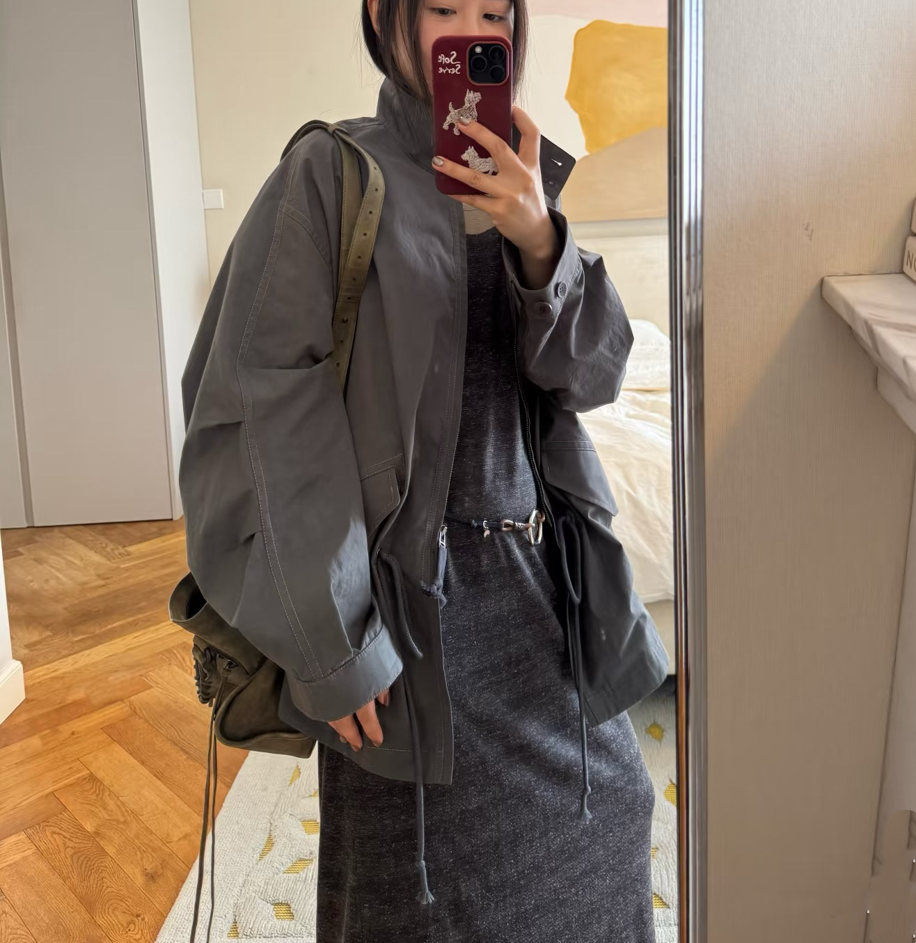 sage 撞色丝线边宽松廓形纯棉立领外套女