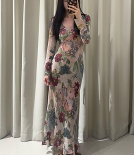 真丝裙度假裙 长款 博主Nana同款 RP连衣裙深V斜裁波西米亚风长袖