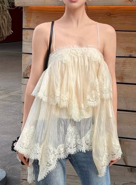 Aje.吊带层叠蕾丝衫赵三米色性感背心女春夏新款2026法式复古上衣