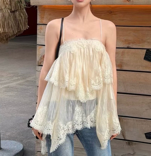 复古上衣 2026法式 Aje.吊带层叠蕾丝衫 赵三米色性感背心女春夏新款