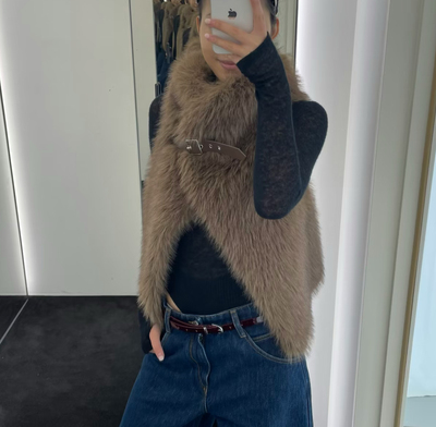 RARELY 高品质布料100还原 一片式剪裁环保皮草马甲 灰咖/豹纹