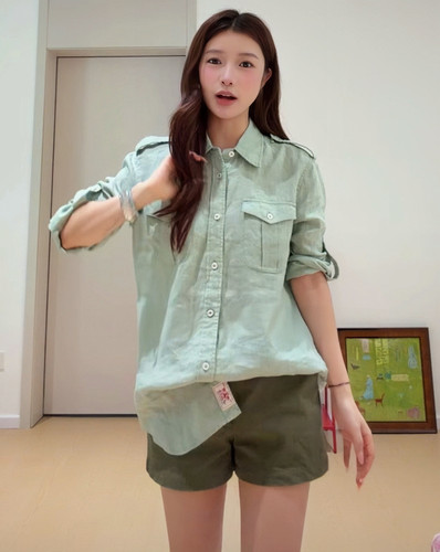 宅女同款JURI 探索之心｜水洗多色亚麻猎装Safari七分袖合身衬衫