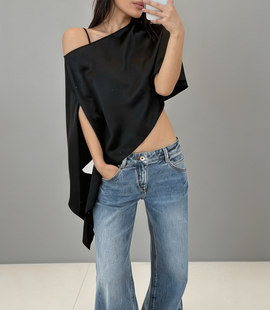 黑色 RARELY 布料100还原醋酸缎面不对称斜肩罩衫 本 米色 高版